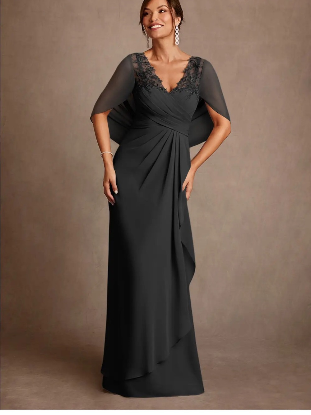 Elegant Black V-Neck Evening Gown with Lace and Capelet Azazie Santa Clara